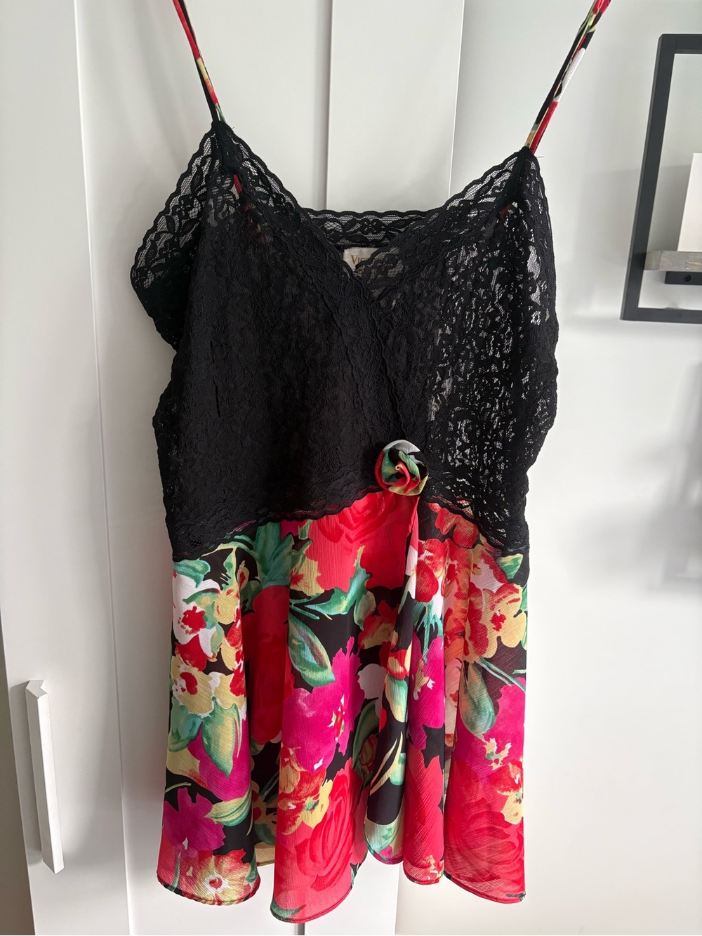 Victoria's Secret Vintage Gold Label Black Lace & Pink Floral Slip